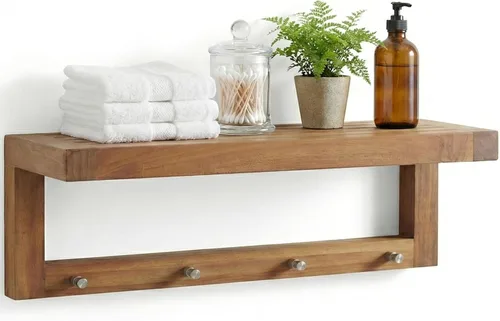Miniatura 11 de Estante de pared plano de teca Moa de 12" con ganchos