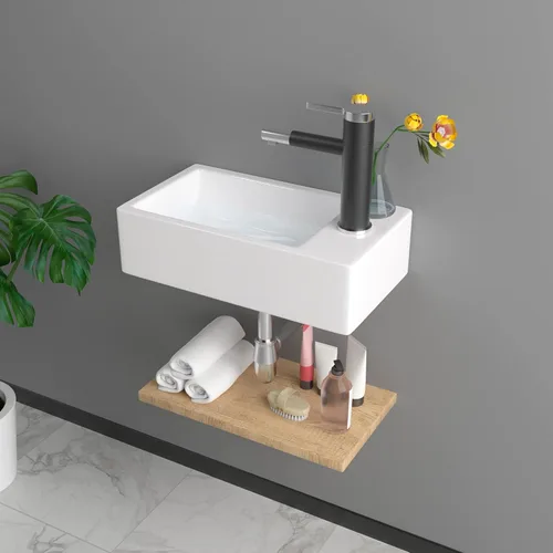 Miniatura 3 de Fregadero de esquina de baño pequeño de 18 x 10 pulgadas, fregadero rectangular blanco moderno para colgar en la pared Montaje en pared blanco