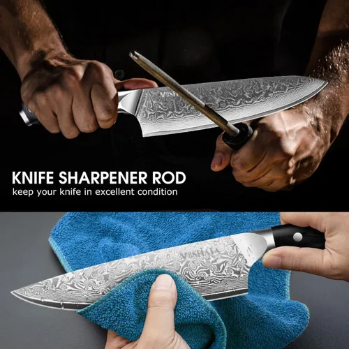Miniatura 6 de MOSFiATA Juego de cuchillos de chef profesional de Damasco, 3 piezas, cuchillo de chef de 8 pulgadas, cuchillo Santoku de 7 pulgadas y cuchillo
