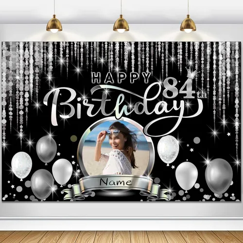Miniatura 15 de Cartel de decoración de feliz cumpleaños número 100 personalizado - Personalización disponible - Negro y plateado - Tamaño grande - Admite fotos