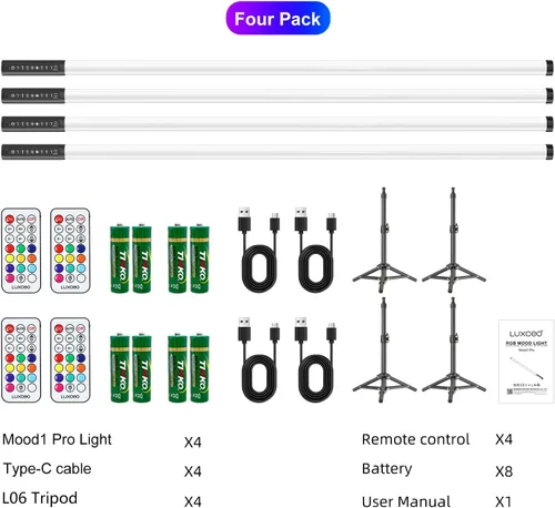 Miniatura 8 de Paquete de 4 tubos de luz portátiles de 4 pies de 47.2 in de mano LED RGB con trípodes, 500 efectos vívidos para video y fotografía, pintura ligera