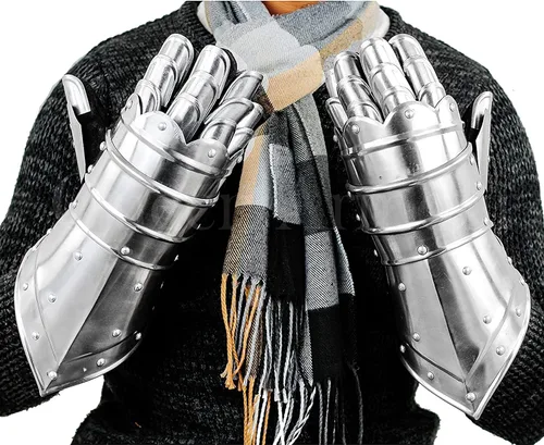 Miniatura 4 de Guantes medievales alemanes del siglo XV, guantes de guantelete de armadura caballero de acero plateado, guantes medievales, guantes de cuero