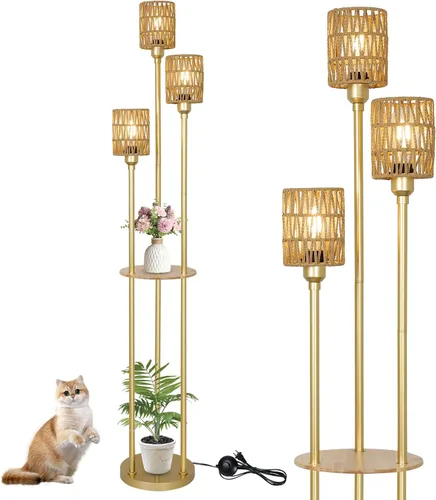 Lámpara de pie bohemia con estantes, lámpara de pie alta de granja de 3 luces con interruptor de pie de encendido/apagado, lámparas de pie modernas