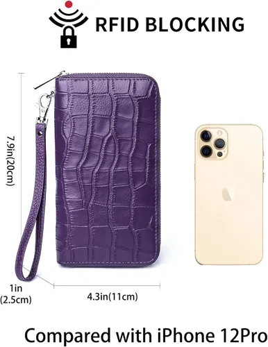 Miniatura 3 de Billeteras de gran capacidad para mujer, con bloqueo RFID, de piel auténtica, con cremallera, tarjetero con correa para la muñeca