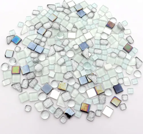 Miniatura 4 de LITMIND Azulejos de mosaico de cristal irregular plateado blanco surtidos, paquete de valor de 9oz - Perfecto para manualidades artísticas, Serie