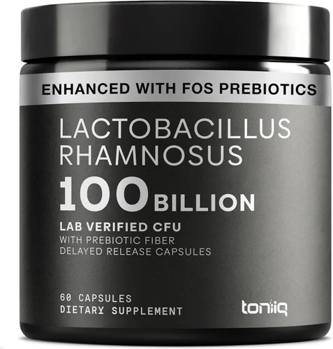 Toniiq Lactobacillus Rhamnosus - Ultra alta resistencia 100B CFU con FOS prebiótico - Cápsulas de liberación retardada - Probado en laboratorio de
