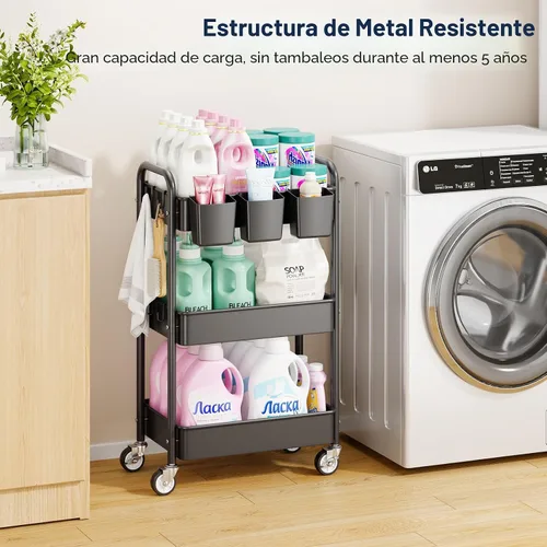 Miniatura 3 de YASONIC Carrito Rodante de 3 Niveles - Carrito Utilitario de Metal con Ruedas, Tazas Colgantes, Ganchos, Organizador de Almacenamiento de Malla
