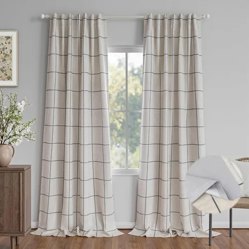 Miniatura 20 de MYSKY HOME Cortinas de Lino a Cuadros 100% Opacas de 45 Pulgadas de Largo de Doble Capa Estilo Granja con Aislamiento Térmico Estampado a Cuadros
