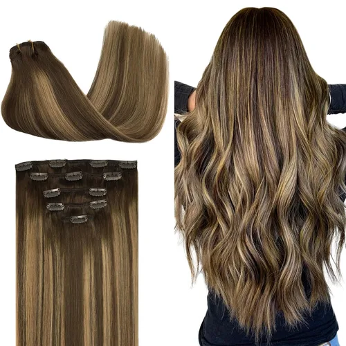 DOORES Extensiones de cabello humano con clip, de 18 pulgadas, balayage, color marrón chocolate a rubio caramelo, 5 unidades, 2.82 oz, extensiones