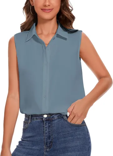 Miniatura 22 de YAMANMAN Camisa sin mangas con botones para mujer, blusa clásica con cuello redondo, camiseta básica de gasa para el trabajo y la oficina
