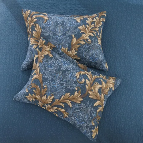 Miniatura 5 de Juego de edredón Queen 100% algodón – Colcha floral de damasco azul, juego de ropa de cama reversible de estilo europeo clásico de 3 piezas, ligero