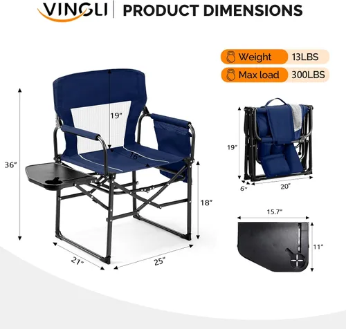 Miniatura 6 de VINGLI Sillas de campamento, silla de directores, silla de camping con mesa auxiliar y bolsa de transporte, sillas de campamento resistentes