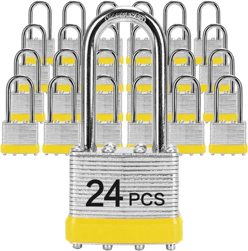 Miniatura 9 de Candados con la misma llave, LQYN 24 candados laminados con llave (1-9/16 pulgadas, 1.575 in), cerraduras con llave igual, grillete largo