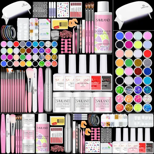 Miniatura 16 de Saviland Kit de iniciación de uñas acrílicas: polvo y líquido acrílico rosa claro nude, cepillo, limas, formularios, uñas a presión, juego