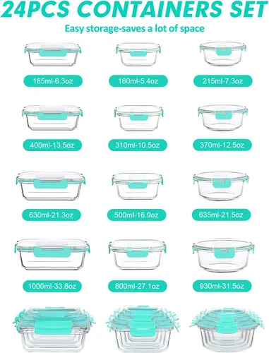 Miniatura 2 de VERONES Juego de 12 paquetes de recipientes de vidrio para almacenar alimentos, recipientes de vidrio herméticos para almuerzos, recipientes