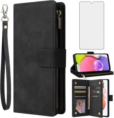 Asuwish Funda compatible con Samsung Galaxy A03s, protector de pantalla de vidrio templado y funda de cuero con tapa para tarjetero, accesorios