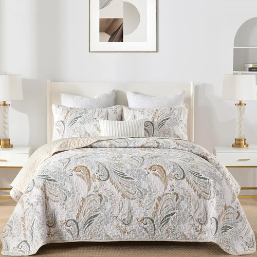 WONGS BEDDING Juego de edredón bohemio tamaño Queen, juego de colcha y cubrecama con estampado floral paisley beige con 2 fundas de almohada, juego