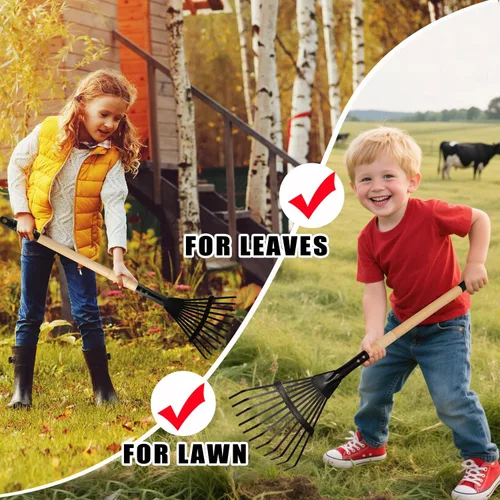 Miniatura 5 de Juego de rastrillo y pala para niños, 2 piezas, herramientas de jardín, cabeza de metal con mango de madera, gran regalo de jardinería para niños