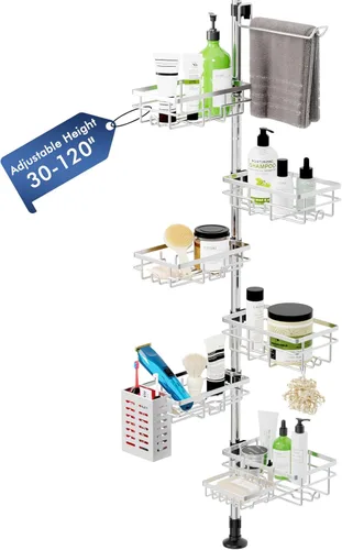 Miniatura 12 de Organizador de Caddy para Ducha con Poste de Tensión, Estante Esquinero de 6 Piezas Resistente al Óxido con Estante de Ducha Ajustable de 30-120