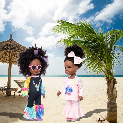 Miniatura 7 de Muñeca de silicona afroamericana de 14.5 pulgadas, muñeca realista de niña negra con 2 trajes, zapatos, mochila, cámara, lentes y accesorios