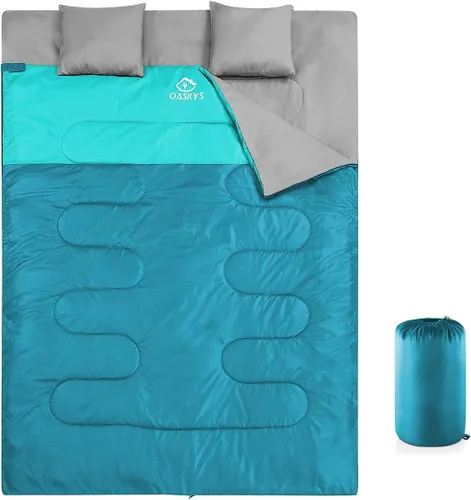 Miniatura 16 de oaskys Saco de dormir doble para adultos con 2 almohadas – Saco de dormir impermeable tamaño Queen XL para todas las estaciones, camping, Rosa