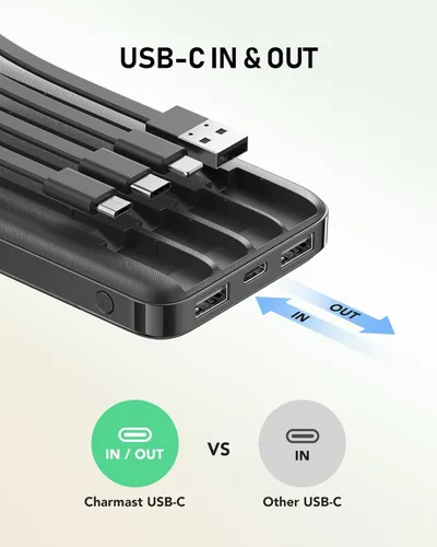 Miniatura 5 de Charmast Cargador portátil con cables incorporados, batería externa delgada de 10,000 mAh, cargador externo de alta velocidad con puerto USB C