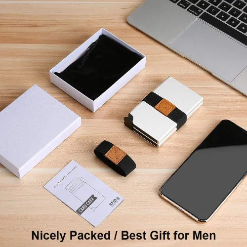 Miniatura 7 de Portatarjetas desplegable UpLook RFID Slim Wallet Card Case con clip magnético, Funda doble plateada, Minimalista