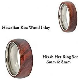 Miniatura 2 de Juego de anillos de boda con incrustaciones de madera de koa hawaiana de titanio de 0.315in0.236in