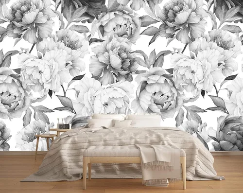 Miniatura 4 de MFWFM Papel pintado de Peonías Grises Papel pintado floral acuarela para vivero (No pelar y pegar)