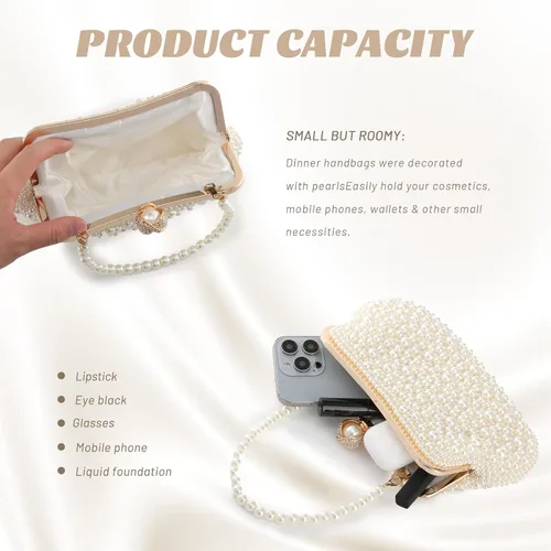 Miniatura 5 de Fecialy Women Pearl Clutch Purses Evening Handbags Clutch Wedding Crystal Shoulder Bag with Pearl Chain