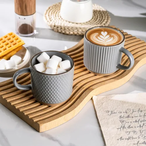 Miniatura 7 de GBhome Juego de 4 tazas de café apilables de 8 onzas, tazas de café de cerámica con patrones de textura para hombre, mujer, papá, mamá, tazas de Gris