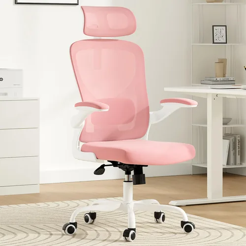 Miniatura 12 de Silla de oficina ergonómica de malla, silla de escritorio con respaldo alto y reposabrazos, soporte lumbar ajustable hacia arriba y hacia abajo
