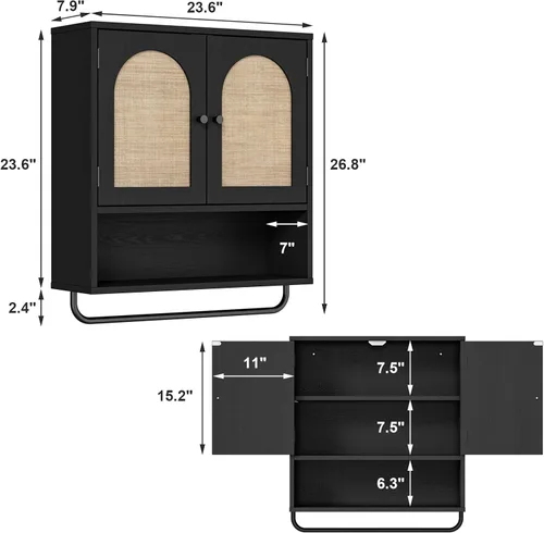 Miniatura 2 de RUSTOWN Gabinete de pared de ratán para baño, gabinete de medicina Boho con 2 puertas arqueadas, gabinetes de almacenamiento sobre el inodoro
