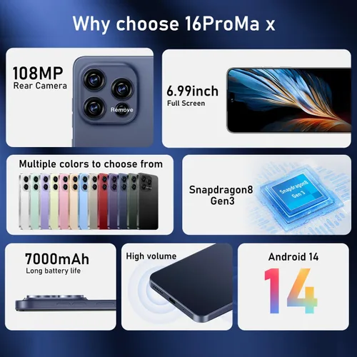 Miniatura 6 de OEJBK 16PROMA X Smartphone Nueva Actualización 16GB+512GB/Pantalla de 6.99" Cámara Zoom 68+108MP, Acabado de Vidrio Templado, 7000mAh Android 14