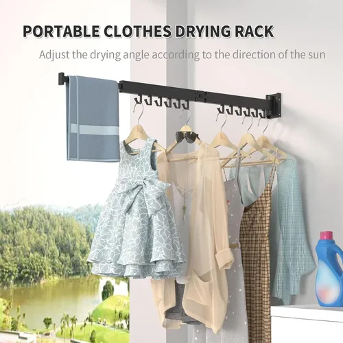 Miniatura 5 de ptlsy Estante de secado de ropa plegable portátil montado en la pared con ganchos, diseño de perchas de ropa que ahorran espacio universal