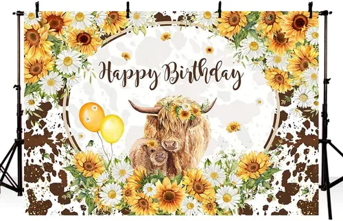 Miniatura 2 de MEHOFOND Fondo floral de cumpleaños de vacas de las tierras altas de 7 x 5 pies, ganado marrón, decoración de fiesta de feliz cumpleaños, girasoles