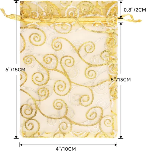 Miniatura 2 de G2PLUS Bolsas de regalo de organza de 4 x 6 pulgadas, 50 bolsas de organza de malla transparente con estampado de ratán dorado, bolsas de joyería