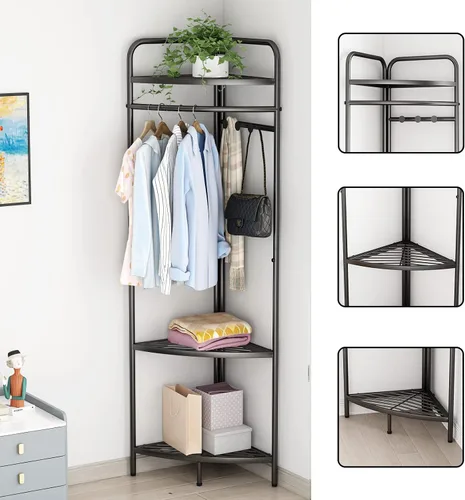 Miniatura 4 de DOORXIFO Percheros de ropa negros de esquina independientes, percheros de metal negros con ganchos, perchero de ropa resistente moderno con 3