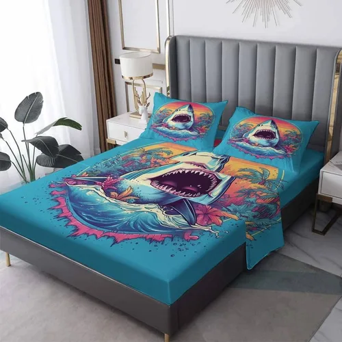 Juego de sábanas de tiburón tamaño King, sábanas de microfibra suave y bolsillo profundo, sábanas y fundas de almohada estampadas sin arrugas, 4