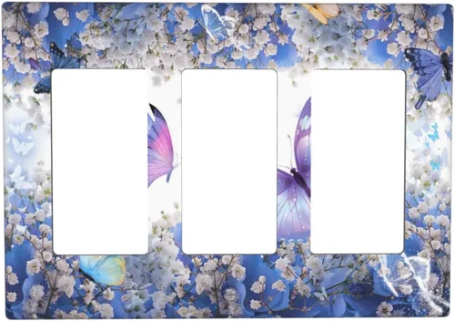 Miniatura 22 de Cubierta de interruptor de luz de 3 cuadrillas con diseño de flores azules púrpuras, cubierta de placa de pared de triple palanca, arbustos florales