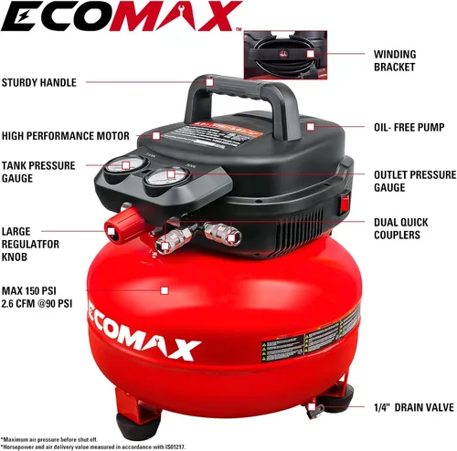 Miniatura 2 de Compresor de aire, compresor de aire para panqueques de 6 galones, máximo 150 PSI, 2.6 CFM @90 Psi, compresor de panqueques sin aceite para el hogar