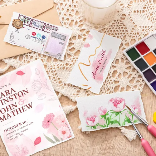 Miniatura 7 de 50 hojas de papel de acuarela de 8.5 x 11 pulgadas, papel rugoso / texturizado hecho a mano de 5.64 oz/m² con bordes deckled para invitaciones