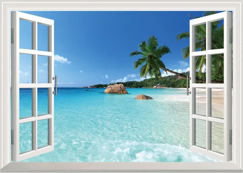 Miniatura 13 de FLFK Adhesivo de pared con ventana falsa - Mural de pared con ventana falsa de atardecer en la playa para decoración de pared, adhesivos de pared