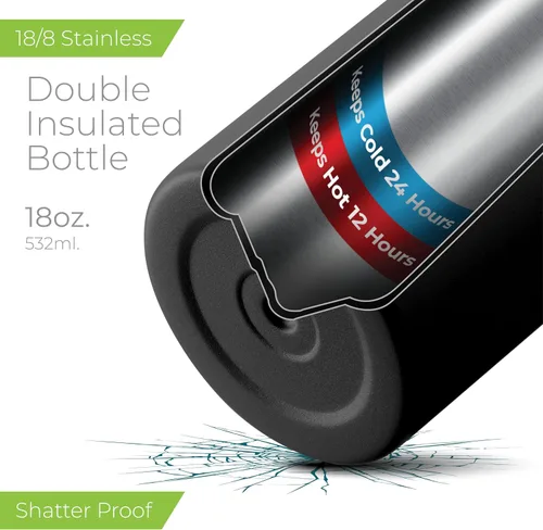 Miniatura 3 de SIPX™ Botella de Agua Aislada de 18 oz con 3 Tapas – Acero Inoxidable a Prueba de Fugas, Triple Aislamiento – Frío 24 Horas/Caliente 12 Horas
