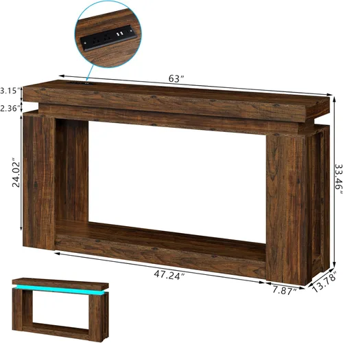 Miniatura 2 de Loomie - Mesa de consola larga de 63" con luces LED y toma de corriente, mesa de sofá de estilo granja de 2 niveles detrás del sofá
