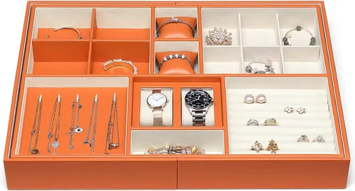 Miniatura 3 de Bandeja grande de joyería para mujeres y hombres caja organizadora de joyas para cajón aparador armario con 2 cajones extraíbles aretes anillo