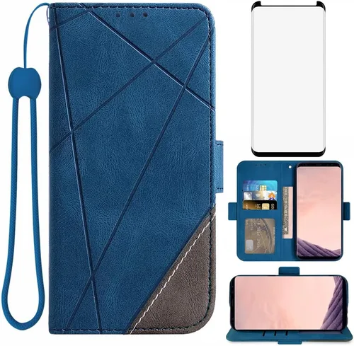 Asuwish Compatible con Samsung Galaxy S8 Plus - Funda tipo cartera y protector de pantalla de vidrio templado, soporte para tarjetas de cuero, para