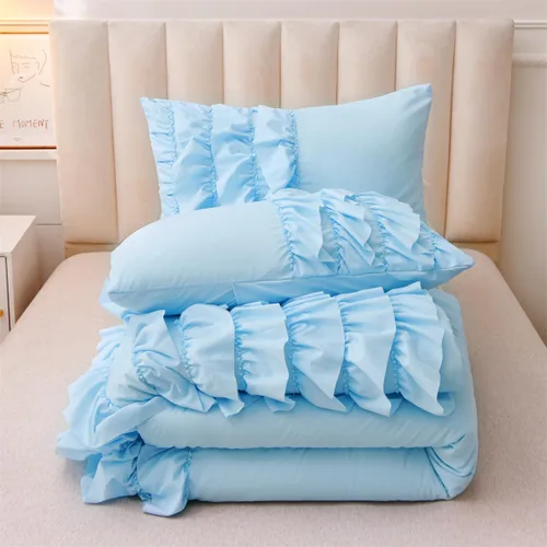 Miniatura 9 de Holawakaka Juego de edredón con volantes en cascada de color azul claro, juego de ropa de cama con volantes estilo shabby chic para niñas, mujeres