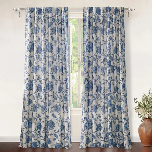 DriftAway - Cortinas de lino floral de color azul marino con estampado paisley para sala de estar y dormitorio, cortinas opacas de 84 pulgadas de