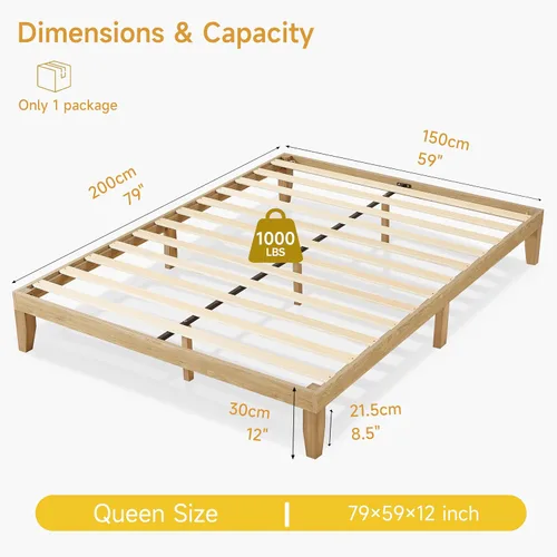 Miniatura 2 de Marco de cama tamaño Queen, marco de cama de plataforma de madera con listones y patas de madera maciza, sin ruido, no necesita somier, fácil
